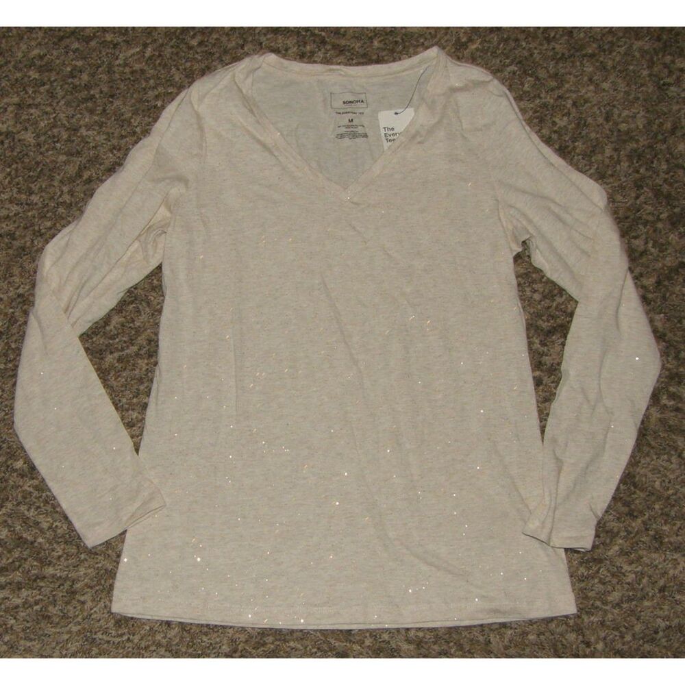 NEW NWT Sparkly Beige Sz Medium Casual Wear Long Sleeve V-Neck Tee Shirt SONOMA